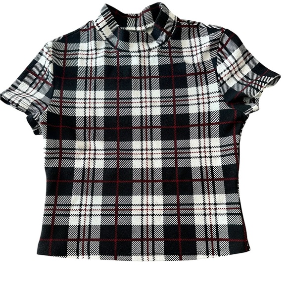 Tops - Short Sleeve Mock Neck Short Sleeve Cropped Top Womens Small Preppy Check Plaid